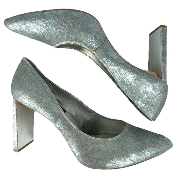 DONNA KARAN NY CRISS SILVER METALLIC PONY HAIR POINTED TOE BLOCK HEEL PUMPS - Picture 6 of 15